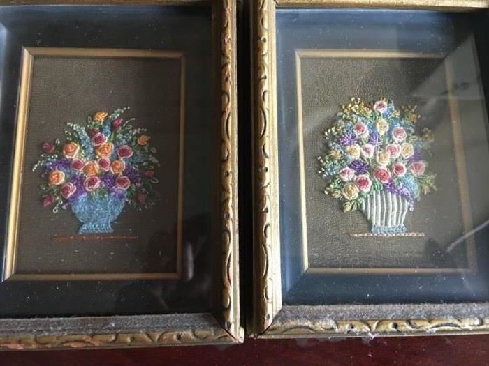 Miniature textile French knot bouquets in shadow box frames.
