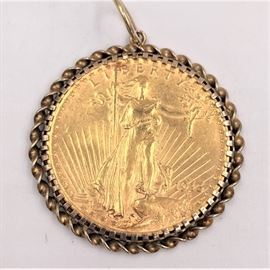 St. Goudons Pendant $20 gold piece - 22K with 14K bezel
