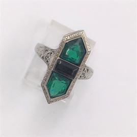 Antique 14K white gold green stone and onyx ring.