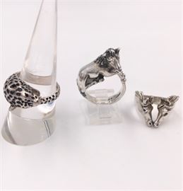 Sterling silver panther ring and equestrian themed rings.