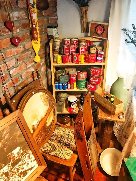 Antique chairs, tobacco tins, antique sled