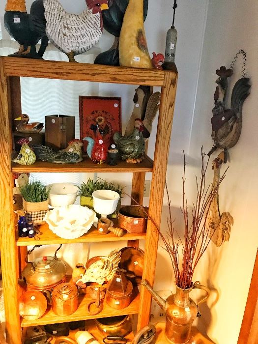 Copper pots, roosters, kitchen decor, rooster statues, antique irons, serving dishes, pulleys