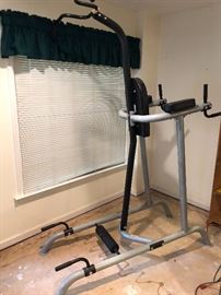 Excellent for Cross Fit!  Standalone unit has pull up bars, dip bars, deep push up handles, sit up foot hold, and Ab work out.  Awesome body weight workouts.   $75