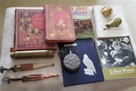 powder flasks, antique books