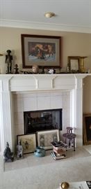 on the fireplace: Pair of gilded bronze centres de surtout de table candle holders marked Thomire a Paris - First quarter 19th century :Smaller candle holders also Antique Bourgogne Bouillot also known as *Rat De Cave* Celler rat **18th Century Antique**, Bronze Napoleon bust, 19th century Napoleon folk art carved statue