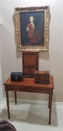 Louis XVI style table a ecrire - marked Beneman - late 18th century, on right: Finely made miniature chest - late 18th or early 19th century Center:Miniature secretaire - 19th century Left:Tortoise shell cask- possibly silver mounted