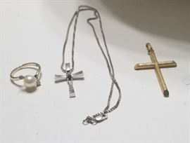 14k gold, diamond and pearl ring, 14k gold diamond and sapphire cross, 18k gold cross