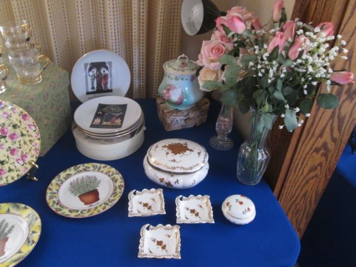 Limoges Herb-Themed Plates.  Covered Jars and Bowls