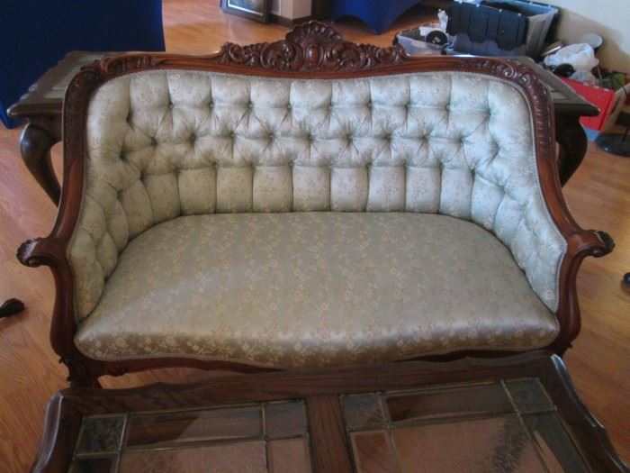 Larger Settee, Button-Tufted, Beautiful Carved Frame