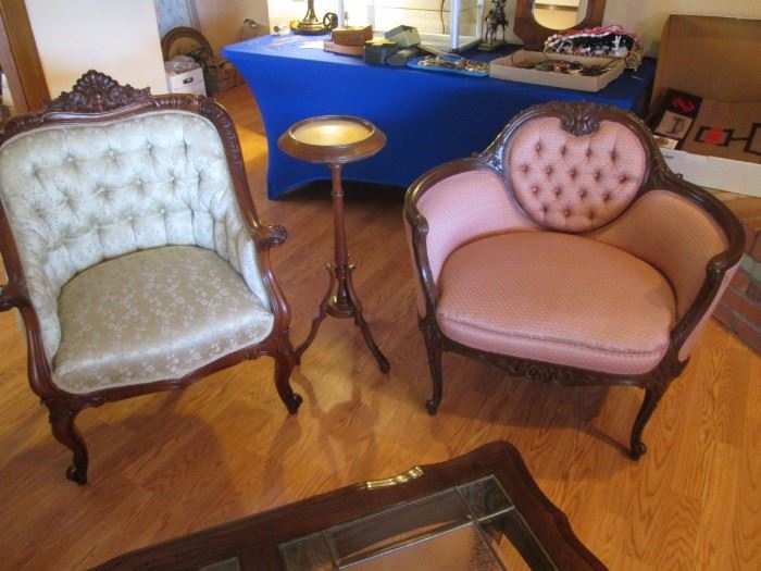 Button-Tufted "Parlor" Furniture, Small Settee & Chair with Charming Accent Table