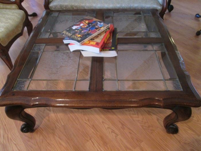 Traditional-Style Coffee Table, Wood and Leaded Glass,  42" X 42"