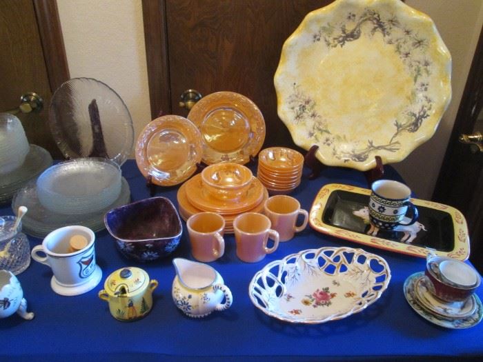 Large Decorative Platter & "Pig" Serving Plate.                      Fire King Peach Lustre, Pattern "Laurel", Anchor Hocking Carnival Glass