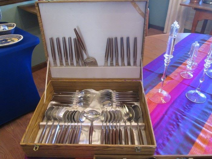 Extensive MCM Flatware Set by Eldan in Case.  Stainless and Brown Inset with  Ageless Danish Modern Look!