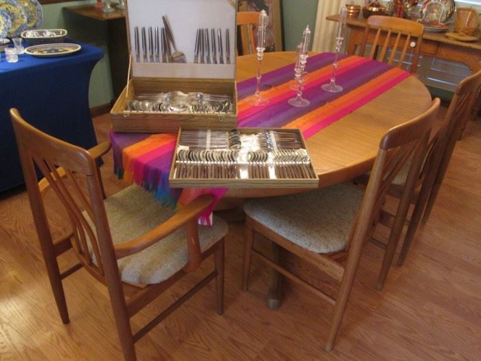 Danish Modern Teak Dining Room Table/6-Chairs and 1-Leaf, 68" X 48".  Designed by Benny Linden