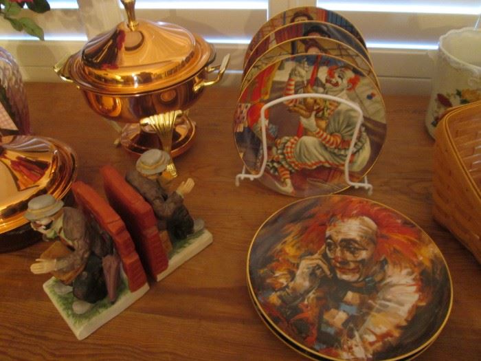 Copper Chaffing Dish, Emmitt Kelley Collector's Plates and Bookends