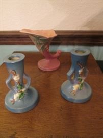 The Other 3-Roseville Pieces. Candlesticks are 5" high.