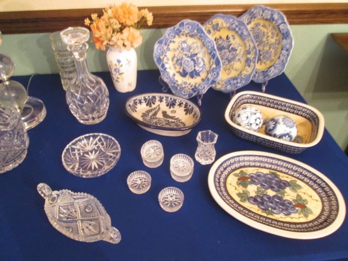 Assorted Cut Glassware Serving Pieces.                                                              Spode Garden Collection Plates, British Flowers, Poppy Pattern.