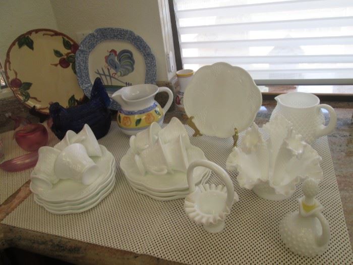 Milk Glass and Hobnail Pieces:  Pitcher, Cruet, Basket, Snack Set Service for 8, Bowls