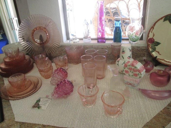 Beautiful Pink Depression Glass:  Plates, Cups/Saucers, Bowls.  Also 4-Pieces of Satin Glass.                                            Upper Right, Franciscan Platter in Apple Pattern