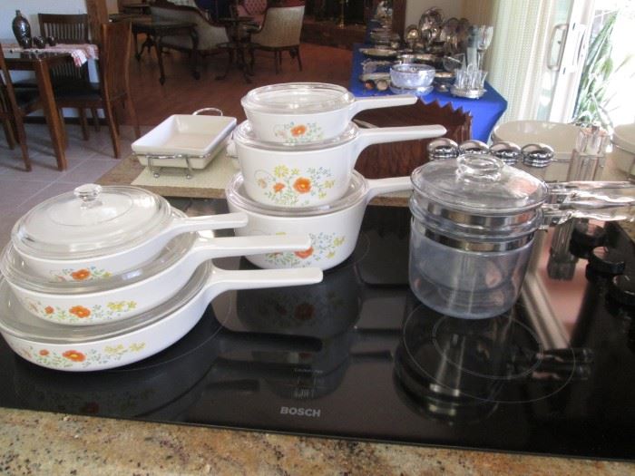 6-Piece Corning Ware Cook Set with Glass Lids, Pattern "Wildflowers".                                                                           Vintage Pyrex Double Boiler, COOL!