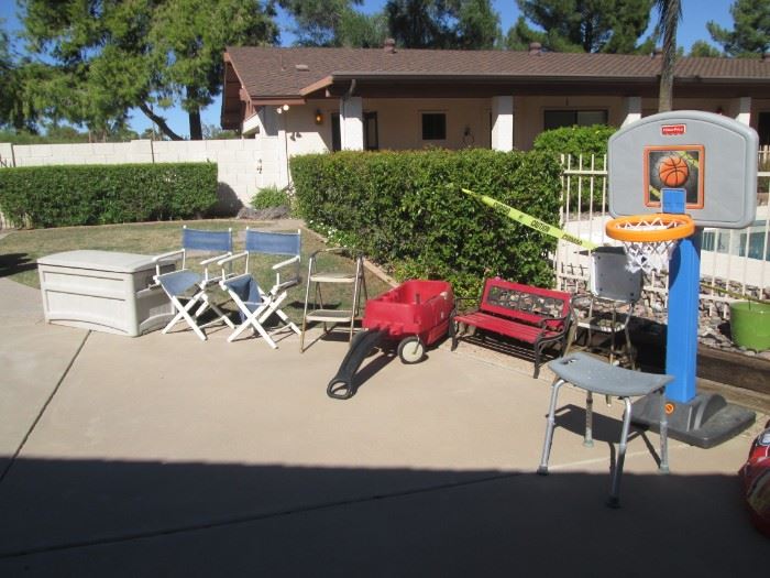 Storage Chest, 2-Director's Chairs, Red Garden Wagon, Kid's Park Bench and Basketball Hoop + Shower Chair