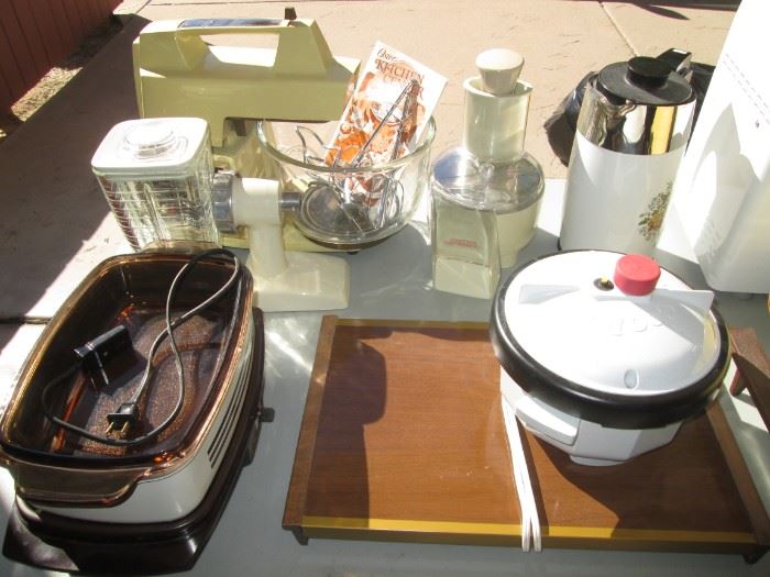 Small Appliances, including an Oster Mixer with Bowl and Accessories + back right, Corning Ware Coffee Pot