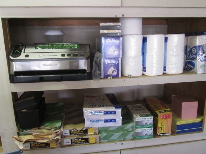 Household Supplies: T-Paper, Kleenex, Reams of Paper Plus a Food Sealing Machine