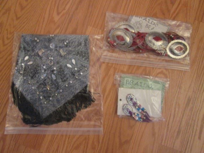 Beaded, decorated earrings, belts, bandanas and more