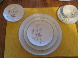 Mid Century Modern China Set by Noritake, "Corliss" #5765 with platinum trim. Service for 8 + Platter, Serving Bowl & Gravy, 42 pieces.