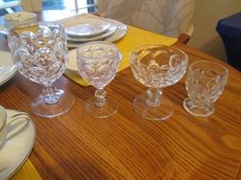 Mid Century Modern Glassware Stems, 4 sizes 11 Water, 11 Champagne, 3 Wine, 4 Juice.. Westmoreland? Thousand Eyes, Optic Circles, Bubbles.