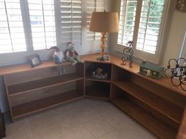 3-Piece Corner Bookcase Unit; mid century style lamp.