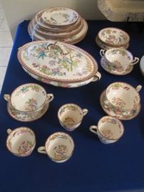 Minton Bone China, "Cuckoo" Pattern. Cream Soups with Under Plates, Demitasse Cups, Covered Bowl and More - great pattern and color! Globe Backstamp, Eng. 28 pieces.