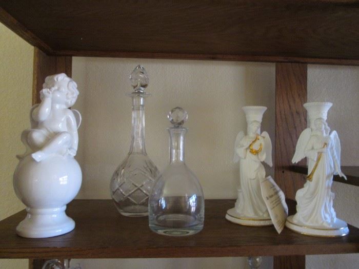Decanters and Porcelain Angel Candlesticks & Sculpture