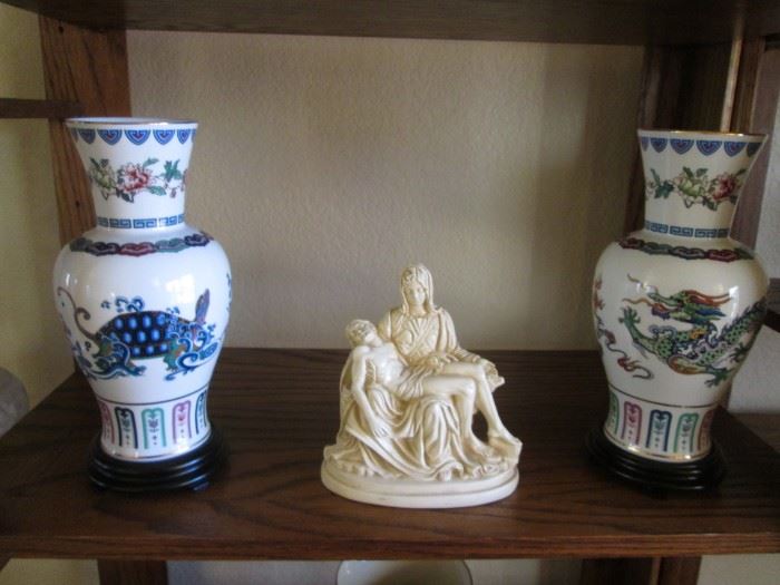 2-Asian-Themed Vases, 1885, Fine Porcelain                           "The Journey of the Heavenly Tortoise"                                       "The Dance of the Celestial Dragon"