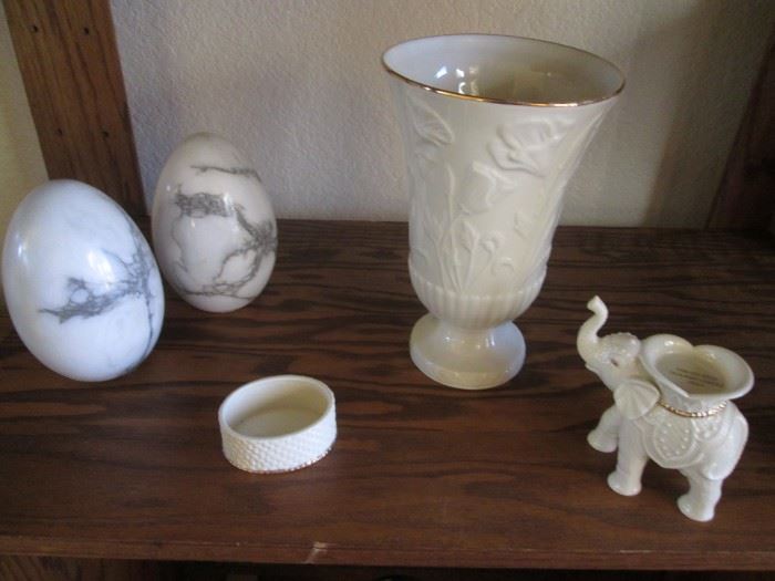 Lenox Fine Pieces, Gold Trim:  Vase, Elephant, Bowl         2-Marble Eggs