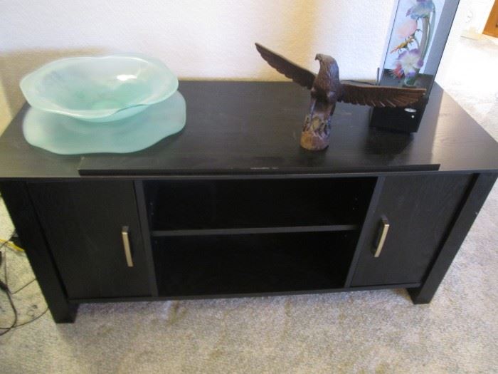 TV Stand/Cabinet                                                                                      Wooden Bird Sculpture + Frosted Glass Bowl  & Under Plate