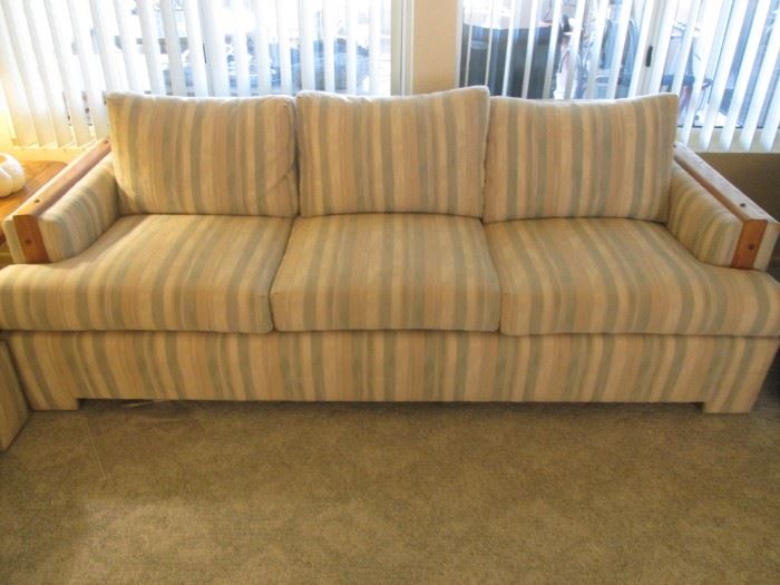Sofa & Matching Love Seat with Wood Trim, Contemporary Style, Pale Peach/Blue Stripe