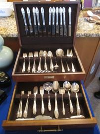Rogers Bros. 1847 Silver Plate Flatware in Chest, "First Love", Service for 12 + Serving Pieces - Beautiful Condition