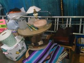 Mid Century Table and Lamp, Textiles, Wood Boxs