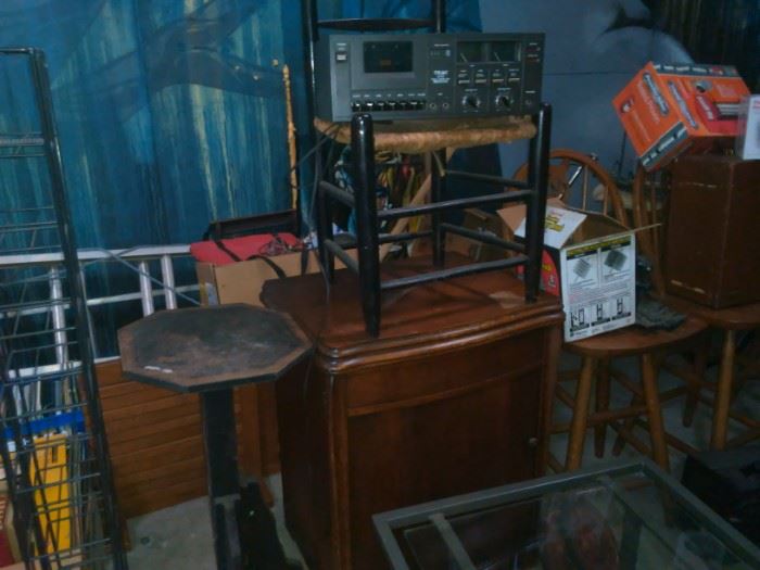 Tredle Sewing Machine, Tape Deck,  Glass and Metal Coffee or end Table,  Old Chair