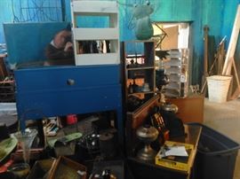 Work Bench, Metal Shelves, Housewares.