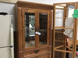 Thomasville oak curio or china cabinet - new with glass shelves - storage in bottom