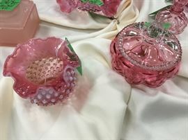 Pink candy dish with white lid; hob nail ruffle top bowl in pink & white