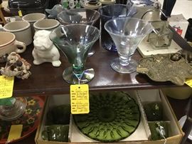 Glasses, bulldog planter, snack set in green - vintage