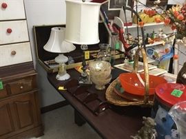 More lamps, basket, glass items