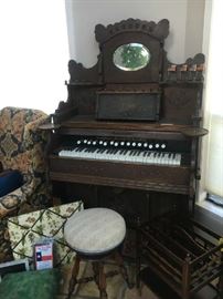 Antique organ, stool and music holder