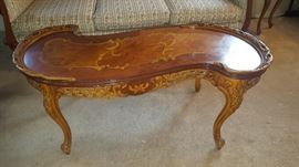 Reproduction French Coffee Table with Inlay and Marquetry, carvings.
