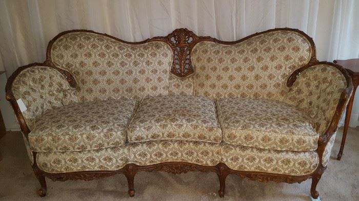19th Century French Settee, Hand Carved Frame, newer upholstery - Great Condition - bring help to move it.