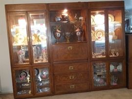 Great 3 piece unit - Illuminated curios on each side with a pull down desk and three drawers in the center unit.