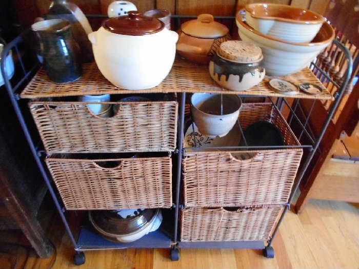 WICKER CART STUFFED WITH POTTERY 
